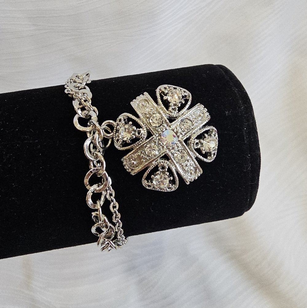 Charm bracelet toggle double chain  Silver plated with Clear Australian Crystals